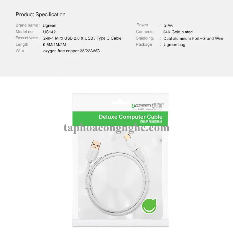 Ugreen 30170 0.5M màu trắng Cáp USB-A sang Micro USB + USB-C cao cấp US142 30030170